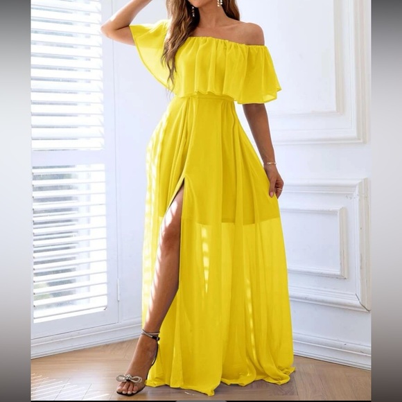 Off the Shoulder Chiffon Floor-Length Dress with Slit Cabernet main image 1